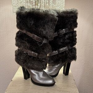 Michael Kors Black and Silver Heeled Fur Boots